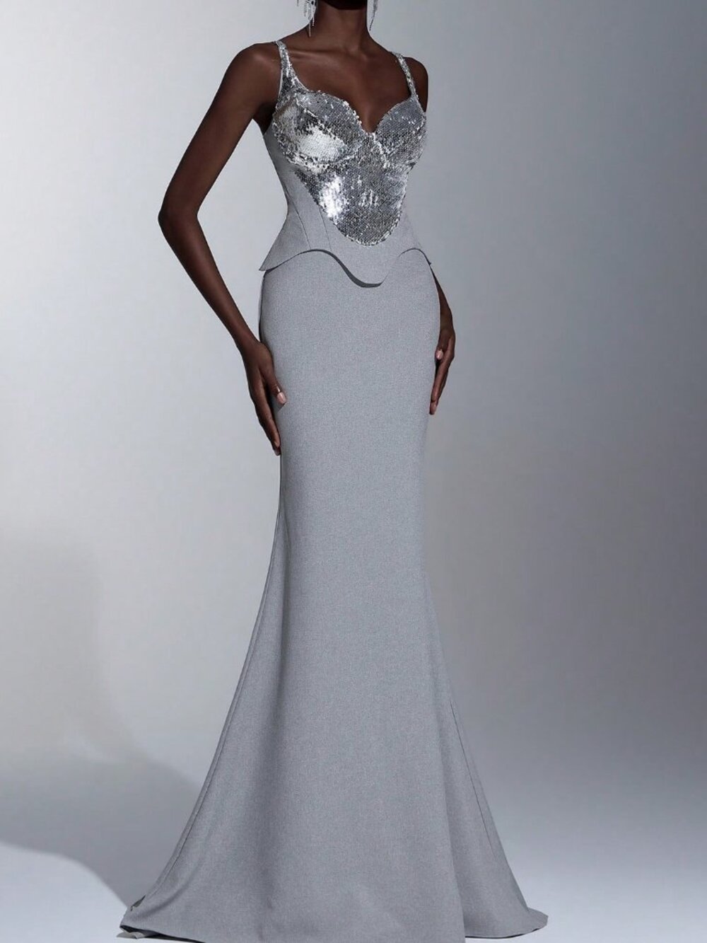 Grey Elegant Women's Chiffon Dress with Rope Decor, Spaghetti Strap Bustier